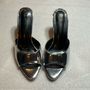 Wild Diva silver patent mules heels